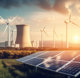 Sunset sky powers wind and solar energy generated by AI